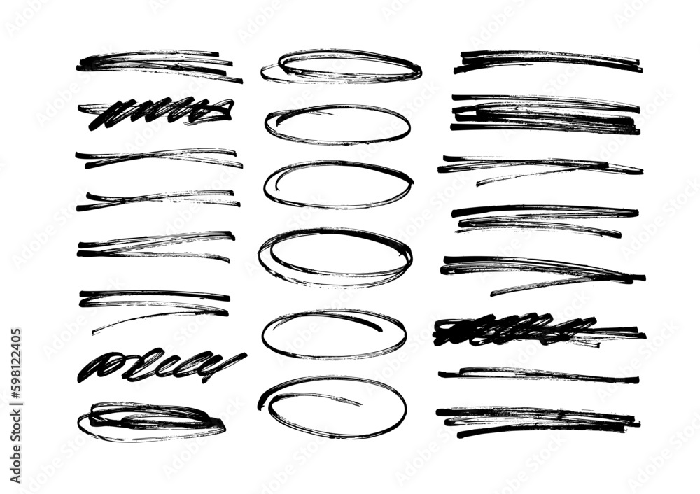 Poster marker pen underline and strikethrough strokes. hand drawn collection of different scribble lines an