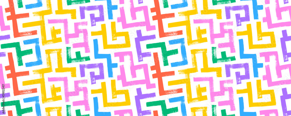 Aufkleber geometric maze colorful seamless pattern. brush drawn rainbow colours scribbles. abstract maze geome