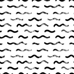 Seamless pattern with bold wavy lines. Brush drawn grunge ripple texture. Abstract thick vector waves with grunge texture. Vector curved brush strokes. Horizontal monochrome smears.