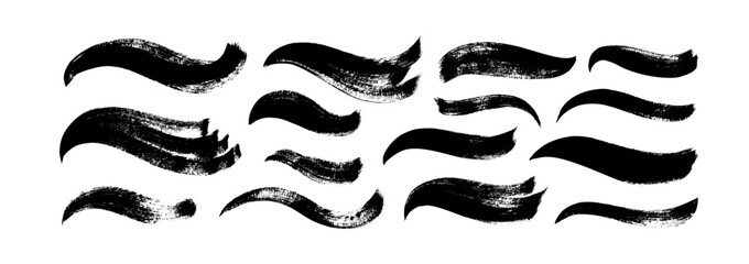Collection black paint wavy bold brush strokes. Vector calligraphy smears, hand drawn curved thick lines and banners. Modern grunge wavy brushstrokes. Textured shapes isolated on white.