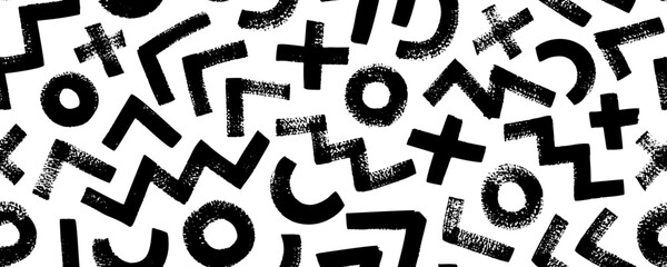Geometric shapes seamless pattern in Memphis style. Modern banner with bold brush drawn shapes. Abstract fashion trendy vector texture with hand drawn zigzag lines, circles, crosses and triangles.