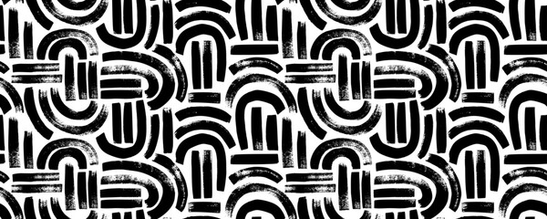 Brush drawn arched seamless pattern. Grunge bold brush strokes, curved lines, semicircles. Modern geometric arc shapes. Abstract banner with bold rough lines. Black and white print.