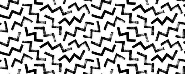 Random zigzag lines seamless pattern. Geometric banner with thick zig zag brush strokes. Abstract black on white geometric vector ornament. Thick triangular grunge strokes. - obrazy, fototapety, plakaty