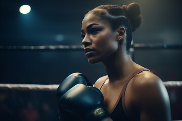 Black Female Boxer in Boxing Ring, Generative AI