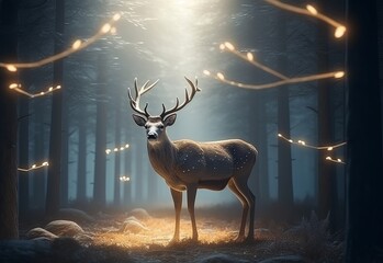 Beautiful Deer in the forest with illumination in the light of the christmas night. Generative AI 
