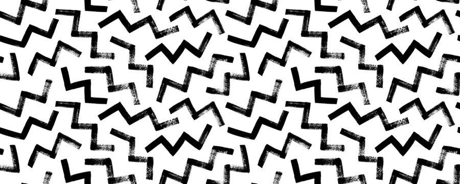 Random zigzag lines seamless pattern. Geometric banner with thick zig zag brush strokes. Abstract black on white geometric vector ornament. Thick triangular grunge strokes.