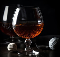 Fathers day brandy snifter with golf balls on black background