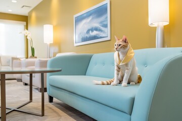 portrait of a fancy white cat wearing a suit seated on the couch