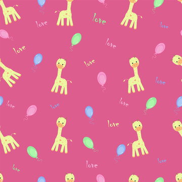 Fototapeta Seamless pattern with a giraffe and balloons in blue, pink, green on a pink background with inscriptions love for babe