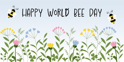 Happy World Bee Day - Schriftzu in englischer Sprache - Schönen Weltbienentag. Ein Tag für den Artenschutz von Bienen. Grußbanner mit pastellfarbener Blumenwiese.