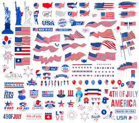 A big set of America and 4th of July and memorial day elements. USA flag, the Statue of Liberty fireworks, balloons, and many more illustrations in one big bundle. Vector design. - obrazy, fototapety, plakaty