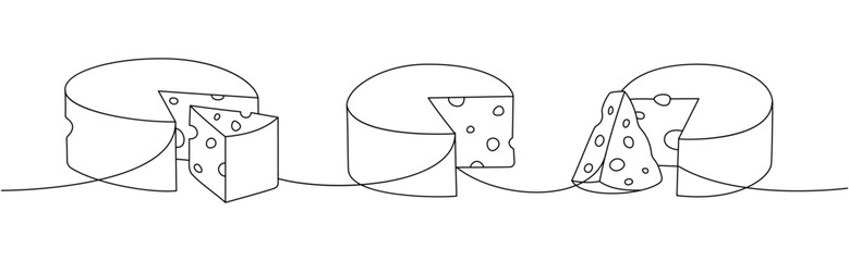 Wheel cheese set one line continuous drawing. Different types of cheese continuous one line illustration. Vector minimalist linear illustration.