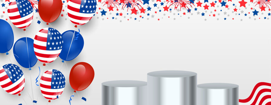United States of America independence day empty copy space banner background with usa balloon, stars and cylinder podium. Vector illustration. 