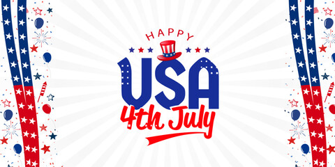 America 4th of July celebration banner background with united states of America red blue ribbon, lettering, firework, balloon, and many more. Vector illustration.