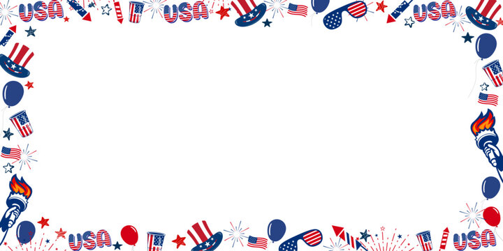 The united states of America celebration frame with transparent banner background with USA goggles, flag, fireworks, and many more elements. Vector illustration. 