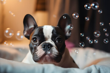 french bulldog puppy in bath, pets cleaning, Ai Generated