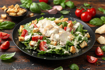 A delicious chicken caesar salad with parmesan cheese, tomatoes, croutons and dressing