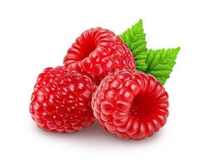 Group of three raspberries isolatied with leaves on transparent background - obrazy, fototapety, plakaty