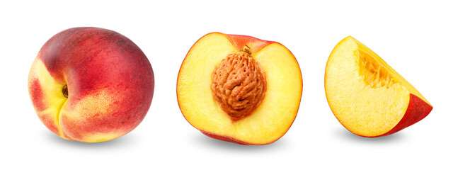 Composition of peach fruit with half and slice. Isolated on transparent background