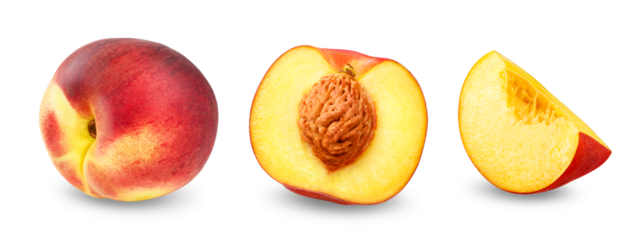 Composition of peach fruit with half and slice. Isolated on transparent background