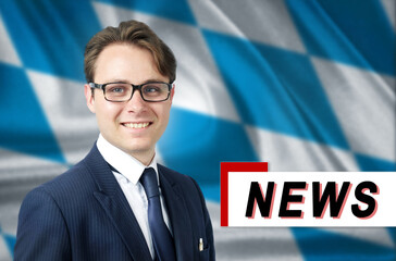 News anchor, tells the latest news, smiling, against the background of the flag of Bavaria