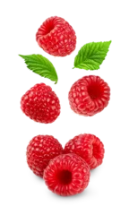 Poster Levitation raspberries with leaves isolated on transparent background © Anoly_D