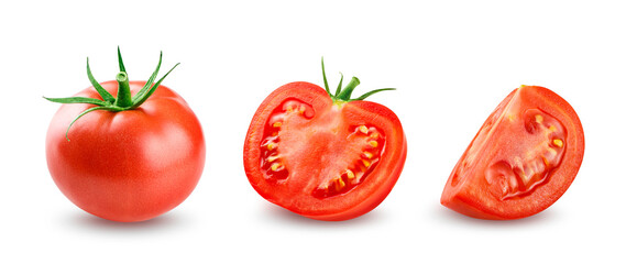 Red Tomato with half and slice isolated on transparent background - obrazy, fototapety, plakaty