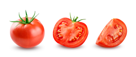 Red Tomato with half and slice isolated on transparent background