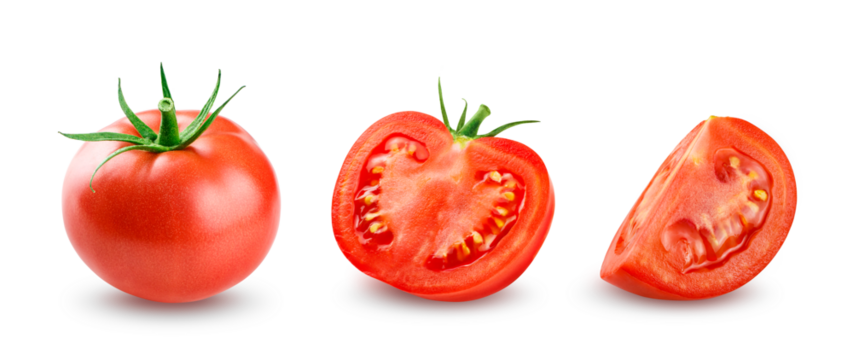 Red Tomato with half and slice isolated on transparent background
