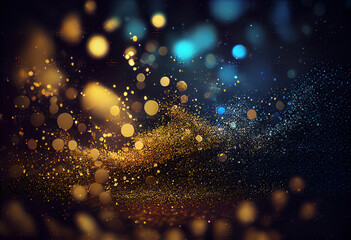 Glowing defocused lights in blue and gold on black background. Shimmering abstract for festive or celebration themes. AI Generative. Generative AI