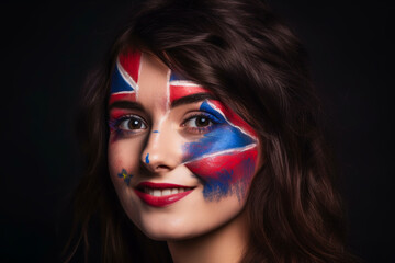 Obraz premium portrait of a happy girl with makeup in colors depicting the flag of the United Kingdom. Blue, white, red. Generative AI Generative AI