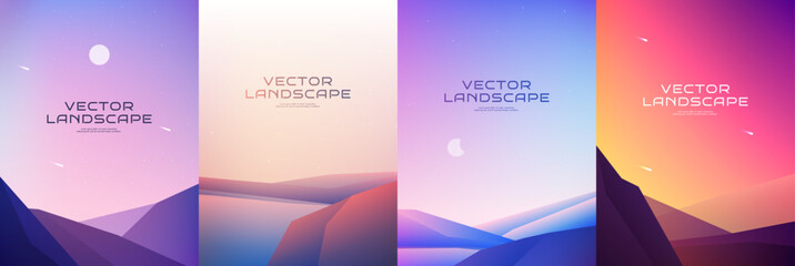 Naklejka premium Vector illustration. Minimalist geometric posters. Bright gradient color. Futuristic style. Design for cover, flyer, leaflet, brochure. Abstract landscapes: hills, lake, mountains, evening sunset