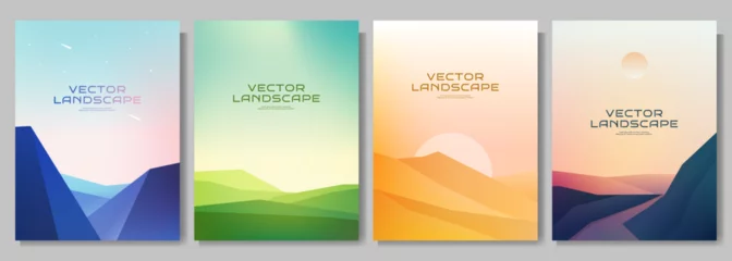  Vector illustration. Flat landscape collection. Calm day scene, green meadow, desert hills, road by mountains. Design background for poster, magazine, book cover, banner, invitation, brochure, layout © VVadi4ka