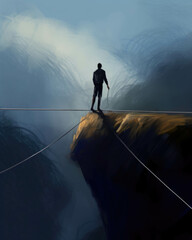 A person walking on a tightrope symbolizing the difficulty of navigating through somebody elses fear. Psychology emotions concept. AI generation. Generative AI