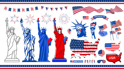 A big set of America and 4th of July independence day elements. USA flag, the Statue of Liberty, fireworks, balloon, and many more illustration in one big bundle. Vector design.   © MimiAhmed