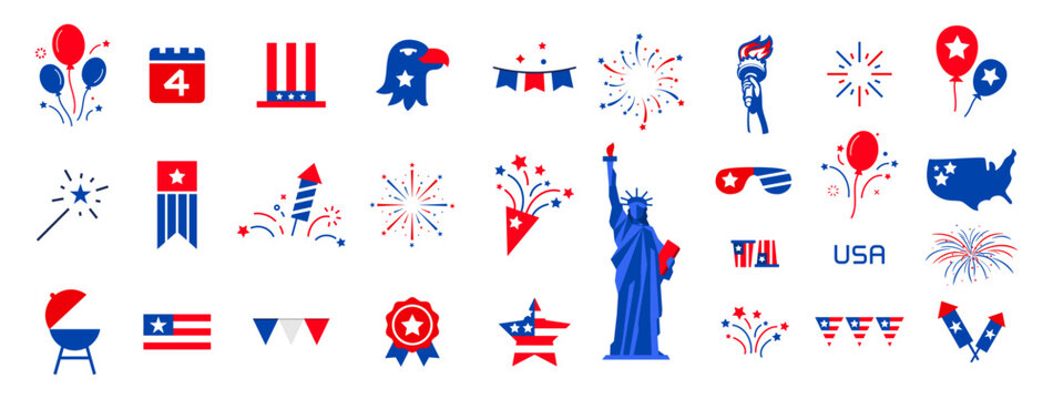 Pack of modern American icon set, USA flag, the Statue of liberty, firework, us map, and many more. Vector illustration.