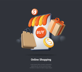 Concept Of Online Shopping With Application On Smartphone. 3d Smartphone With Shopping Bag, Delivery 24 Hours And Gift Box, Discount, Social Advertising. 3D Rendering Realistic Vector Illustration