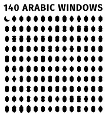 140 arabic windows. Traditional ornamental arabic windows. Architectural design elements for muslim holidays. Window arches illustration.