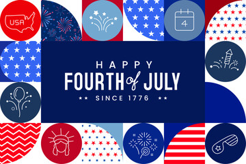4th of July modern celebration banner with icons, red, blue, star and stripe patterns, and many more usa related icons. Vector illustration. 