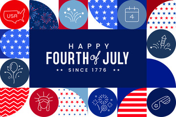Obraz premium 4th of July modern celebration banner with icons, red, blue, star and stripe patterns, and many more usa related icons. Vector illustration. 