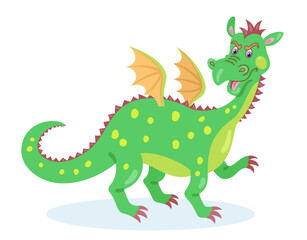 Funny cute fairytale dragon. In cartoon style. Isolated on white background. Vector flat illustration.