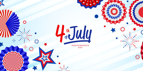 4th of July, USA Independence Day vector banner template. sky blue background with paper stars, paper fan in USA flag colors. Material design for greeting cards, flyer layouts, and posters.