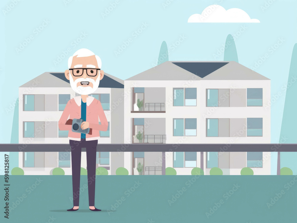 Poster a small business owner standing in front of a newly built affordable housing complex smiling with pr