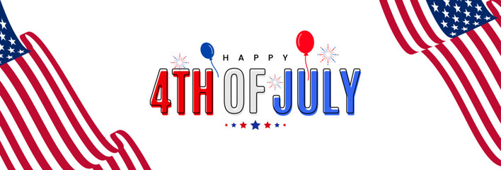 Obraz premium Happy 4th July USA waving flag blue red white celebration background banner. Vector illustration.
