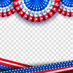 Decorations of vibrant red white and blue paper fans with USA flag ribbon isolated on transparent background for 4th of July, holiday celebrations. Copy space, template, empty, blank greeting card.
