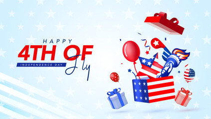 Independence Day USA sale promotion advertising banner template American flag decor with box, balloon, goggles, gifts. 4th of July celebration poster template. Voucher discount.Vector illustration.