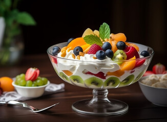 Colorful fruit salad in a glass bowl with various sliced fruits and whipped cream yogurt in a beautiful setting, Generative AI