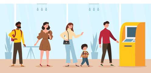 Queue at atm machine. Men and women with children stand near terminal for banking transactions. Transactions and transfers, payments. Machine for withdrawal. Cartoon flat vector illustration