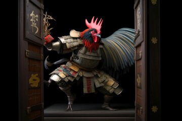 Proud rooster in a samurai armor jumps through a portal, ready to defend his honor. Generative AI