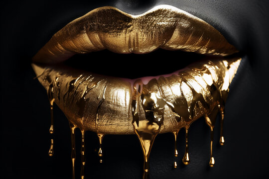 Luscious lips drizzled with gold paint, Generative AI